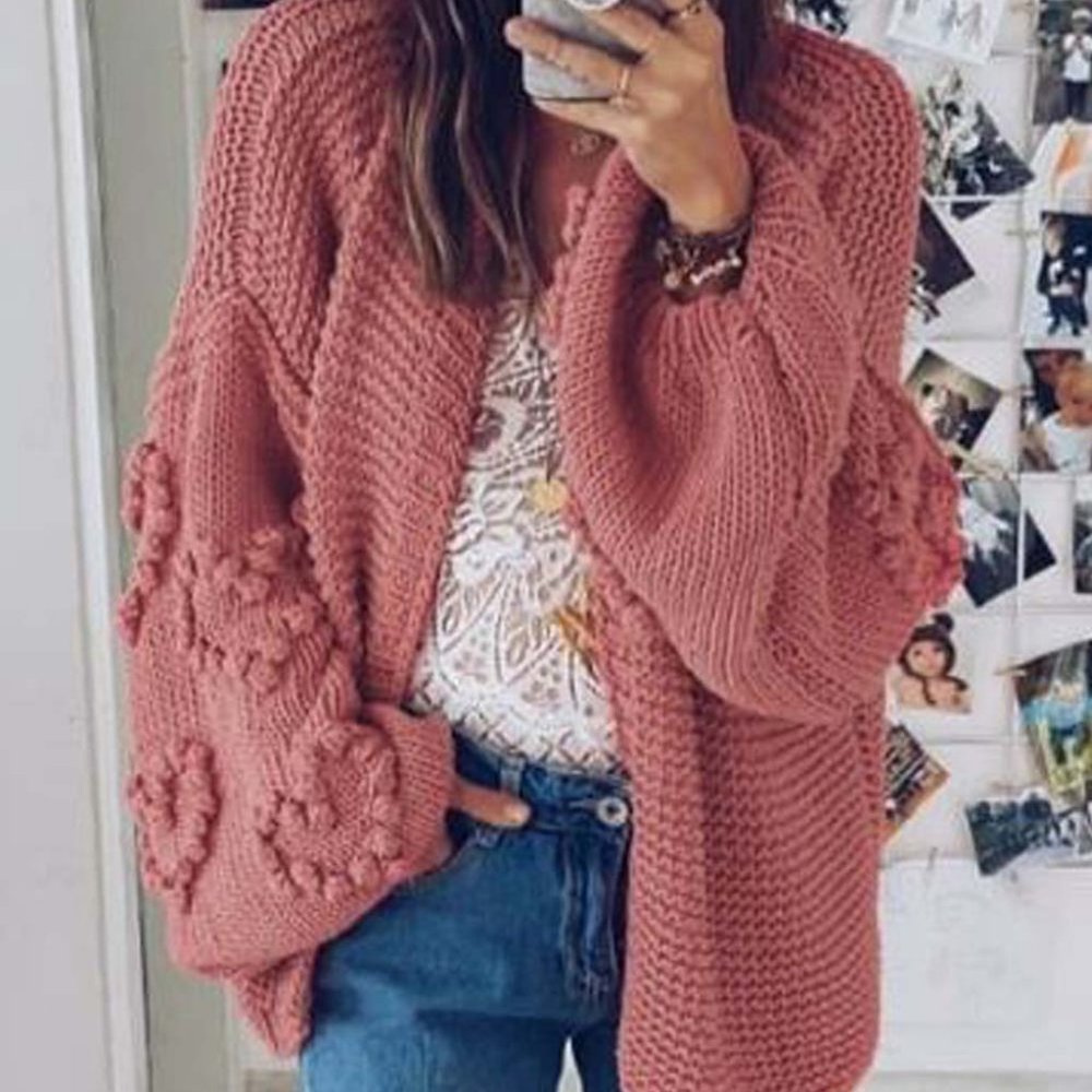 New Cozy Heart Pom Pom Knit Cardigan Sweater